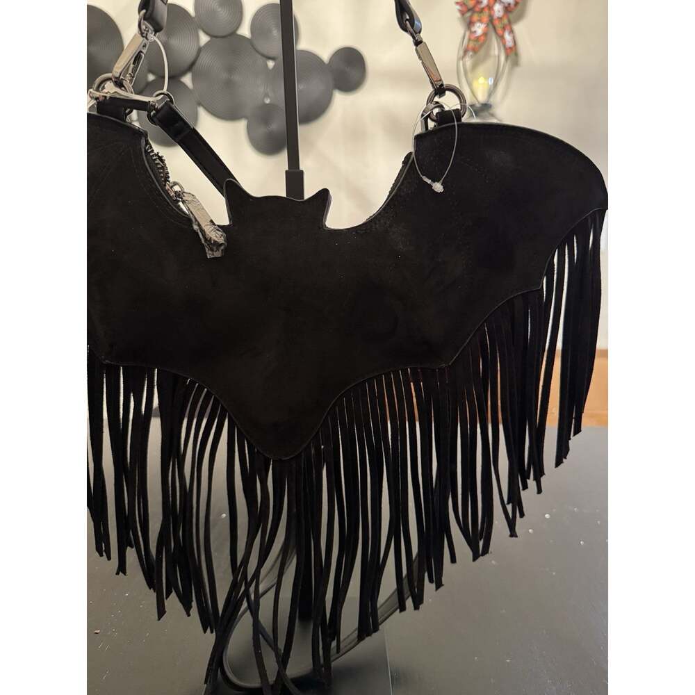 BETSY JOHNSON Suede Halloween Bat Fringe Purse Goth Crossbody Bag Black NWT - Picture 4 of 6